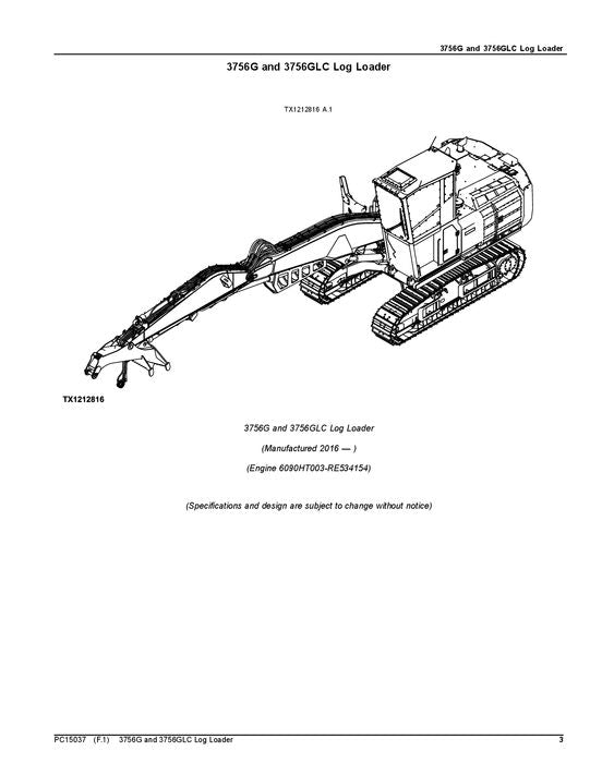 JOHN DEERE 3756G 3756GLC LOG LOADER PARTS CATALOG MANUAL D376001-