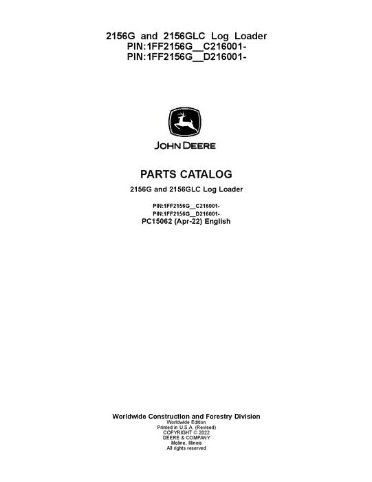 JOHN DEERE 2156G 2156GLC LOG LOADER PARTS CATALOG MANUAL ser.C216001- D216001-