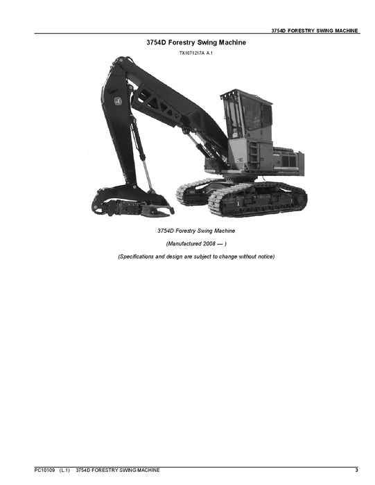 JOHN DEERE 3754D SWING MACHINE PARTS CATALOG MANUAL