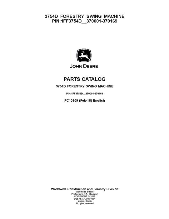 JOHN DEERE 3754D SWING MACHINE PARTS CATALOG MANUAL