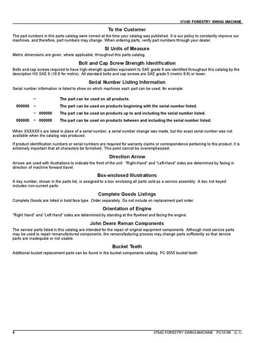 JOHN DEERE 3754D SWING MACHINE PARTS CATALOG MANUAL