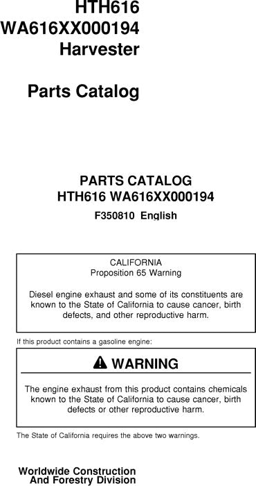 JOHN DEERE HTH616 HARVESTER  PARTS CATALOG MANUAL