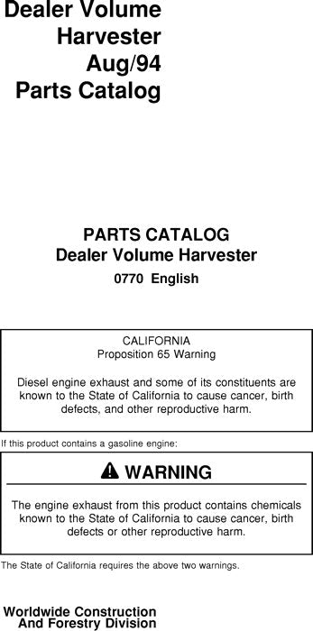 JOHN DEERE T25 C90 HARVESTER  PARTS CATALOG MANUAL