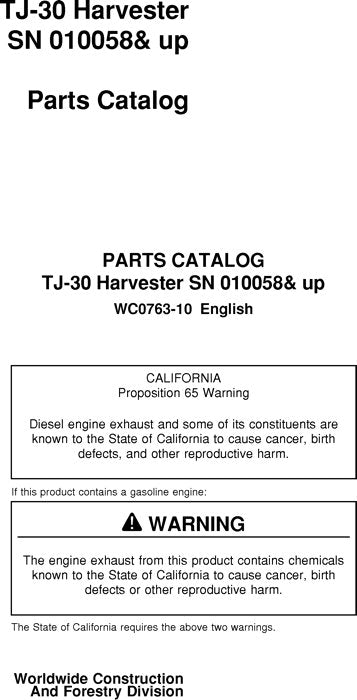 JOHN DEERE TJ30 HARVESTER  PARTS CATALOG MANUAL