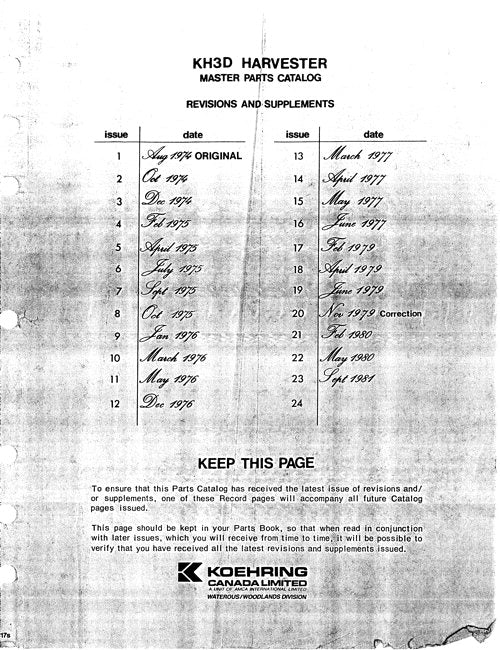 JOHN DEERE KH3D HARVESTER  PARTS CATALOG MANUAL