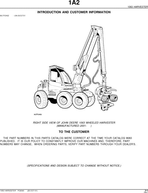 JOHN DEERE 1063 HARVESTER  PARTS CATALOG MANUAL