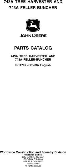 JOHN DEERE 743A HARVESTER  PARTS CATALOG MANUAL