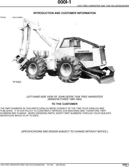 JOHN DEERE 743A HARVESTER  PARTS CATALOG MANUAL