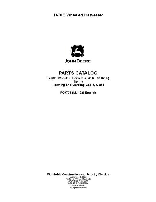 JOHN DEERE 1470E T3 HARVESTER  PARTS CATALOG MANUAL