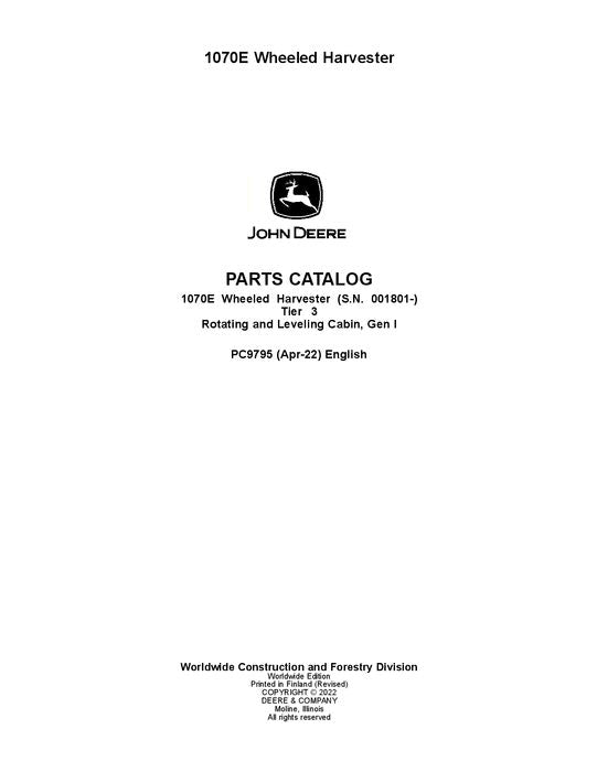 JOHN DEERE 1070E T3 HARVESTER  PARTS CATALOG MANUAL