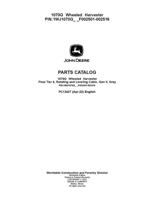 JOHN DEERE 1070G HARVESTER  PARTS CATALOG MANUAL