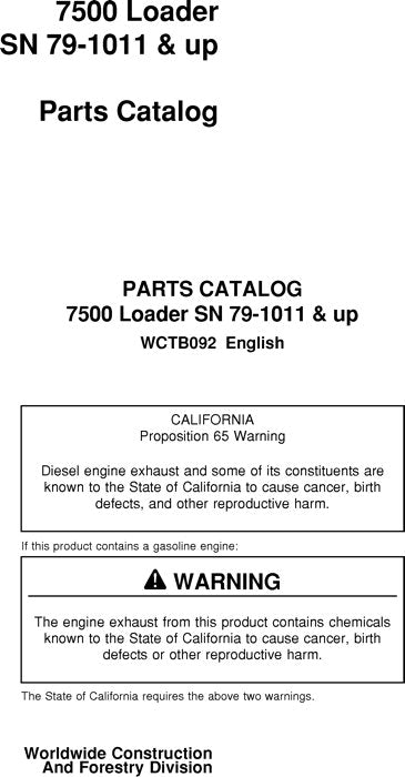 JOHN DEERE 7500 LOADER PARTS CATALOG MANUAL