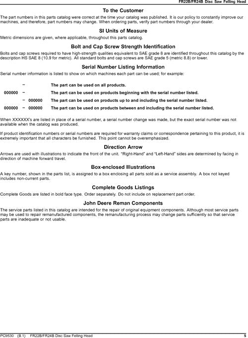 JOHN DEERE FR22B FR24B STT DISC SAW FELLING HEAD PARTS CATALOG MANUAL