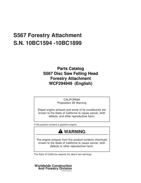 JOHN DEERE S567 STT SCHEIBENSÄGE FÄLLKOPF TEILEKATALOGHANDBUCH