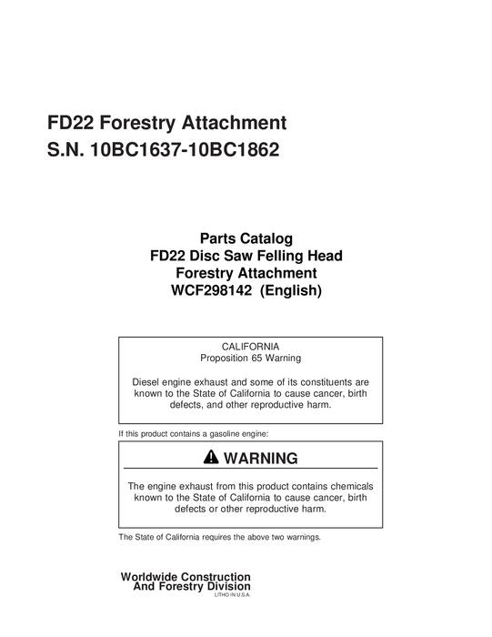 JOHN DEERE FS122B STT DISC SAW FELLING HEAD PARTS CATALOG MANUAL