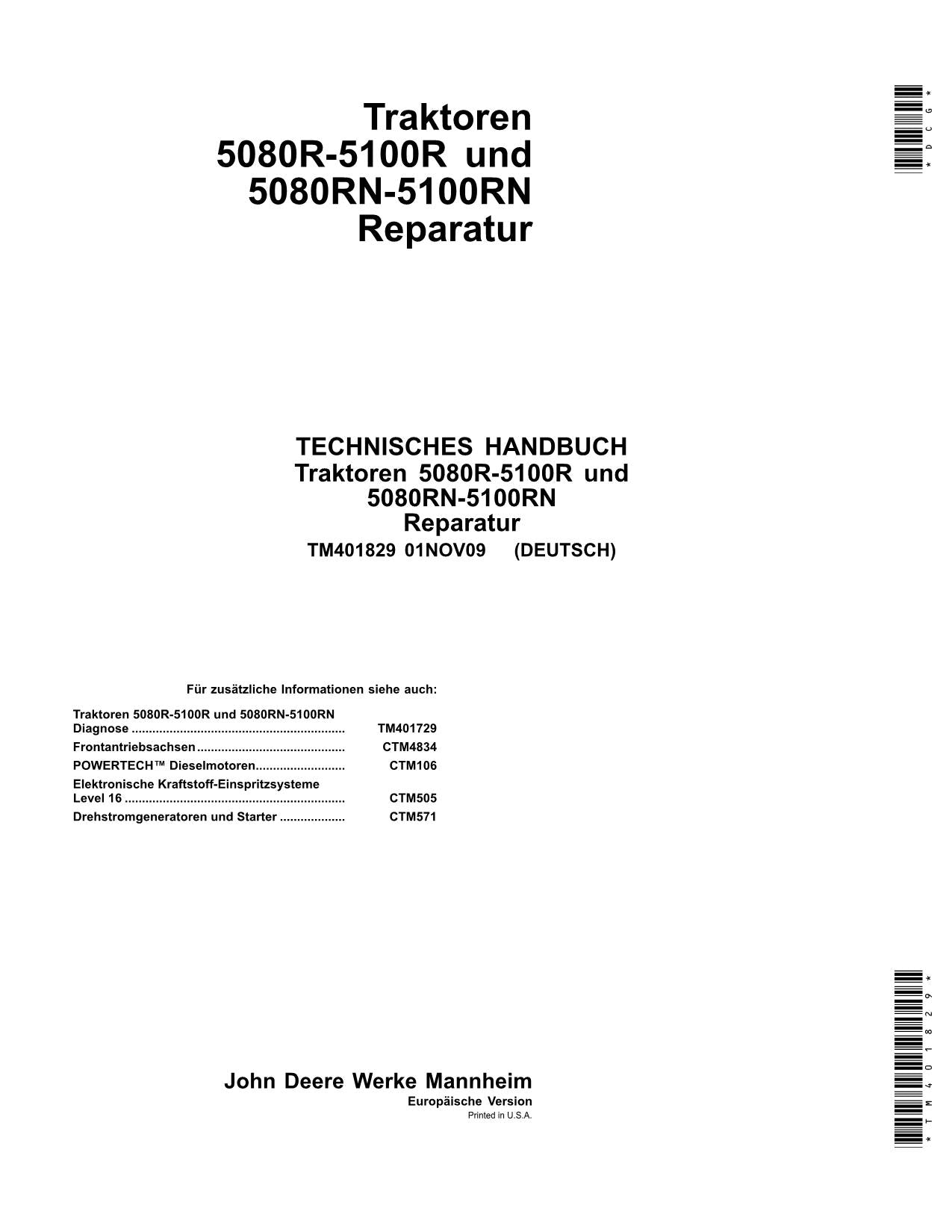 John Deere 5080R 5090R 5100R 5080RN 5090RN 5100RN TRAKTOR REPARATURHANDBUCH