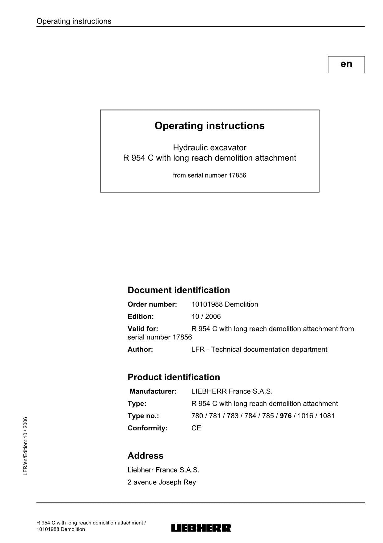 Liebherr R954 C Demolition Excavator Operators manual serial 17856