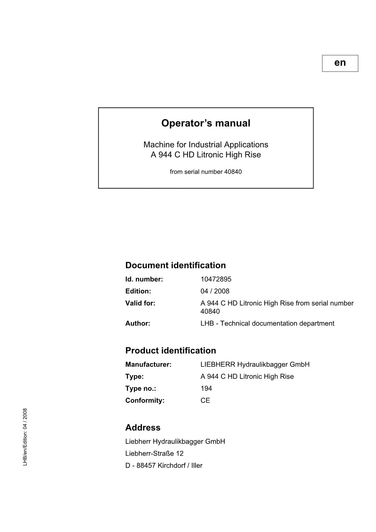 Liebherr A944 C HD Litronic High Rise EXCAVATOR LOGGING MACHINE Operators manual