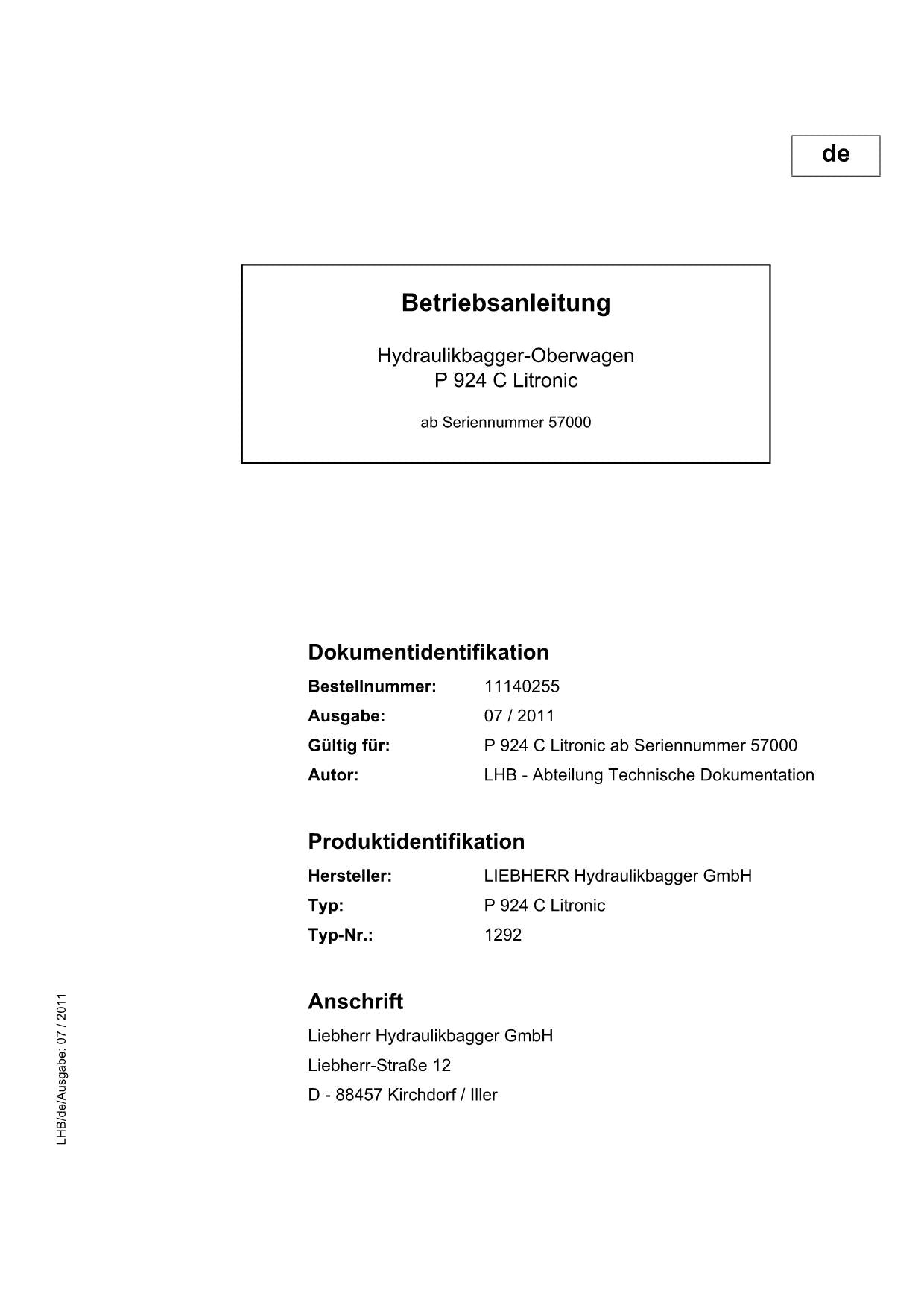 Liebherr P924 C Litronic Hydraulikbagger-Oberwagen Betriebsanleitung 2011