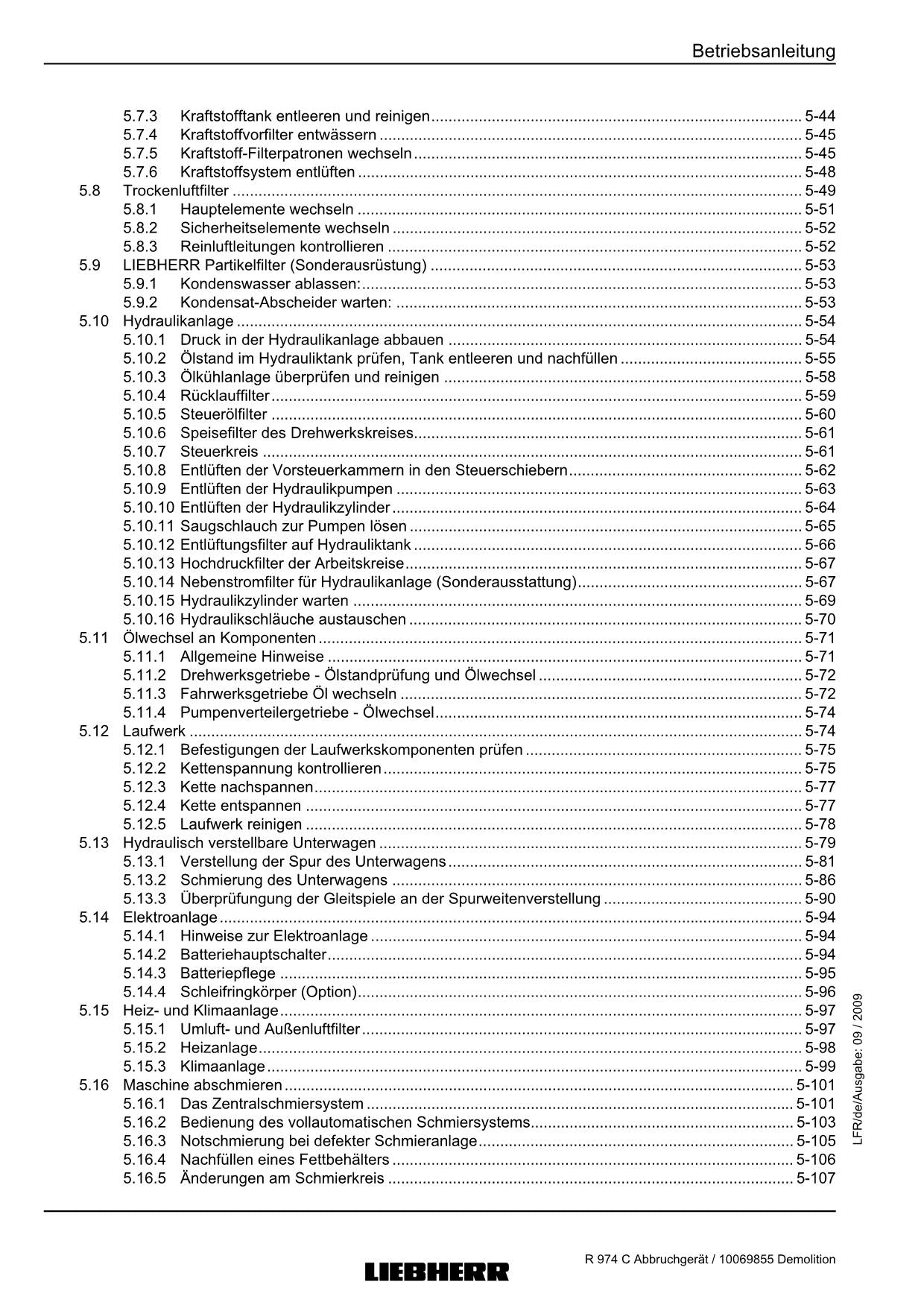 Liebherr R974 C Abbruchgerät 21846 Hydraulikbagger Betriebsanleitung