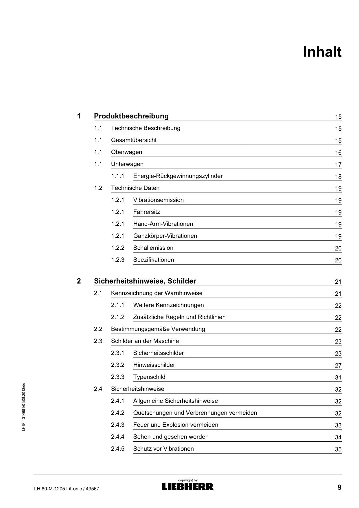Liebherr LH80 M 1205 Litronic Materialumschlaggerät Betriebsanleitung
