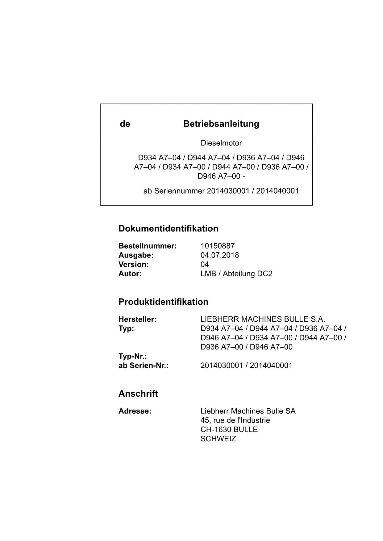 Liebherr D934 D944 D936 D946 D934 D944 D936 D946 Moteur diesel Manuel d'instructions