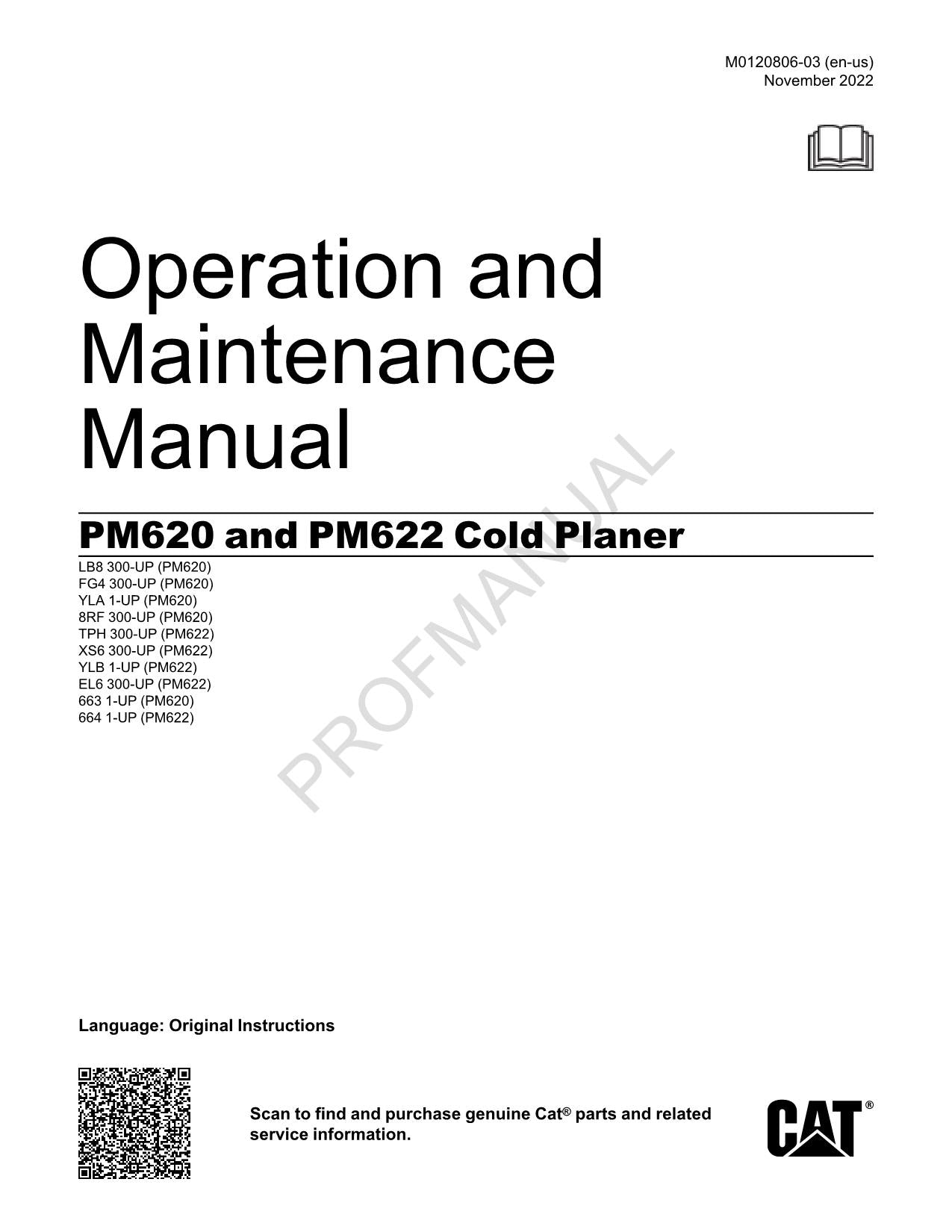 Caterpillar PM620 PM622 Kaltfräse Bediener Wartungshandbuch M0120806EN-US