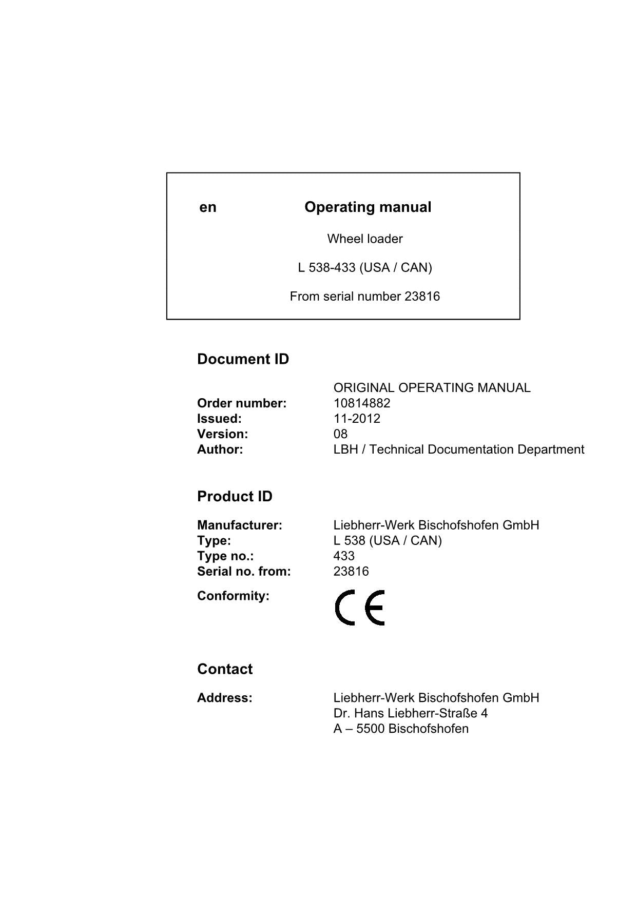 Liebherr L538-433 (USA CAN) Wheel Loader Operators manual