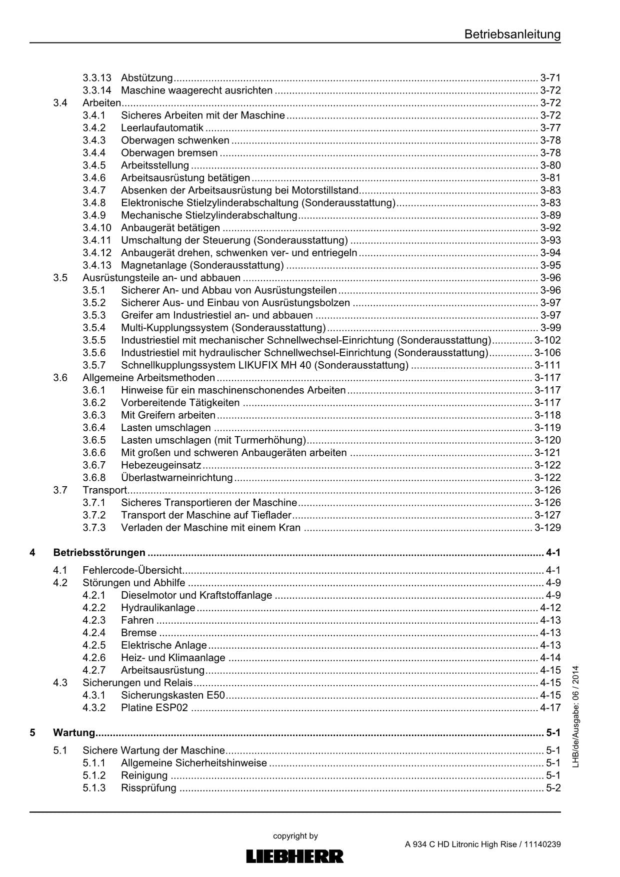 Liebherr A934 C HD Litronic High Rise Umschlaggerät Betriebsanleitung