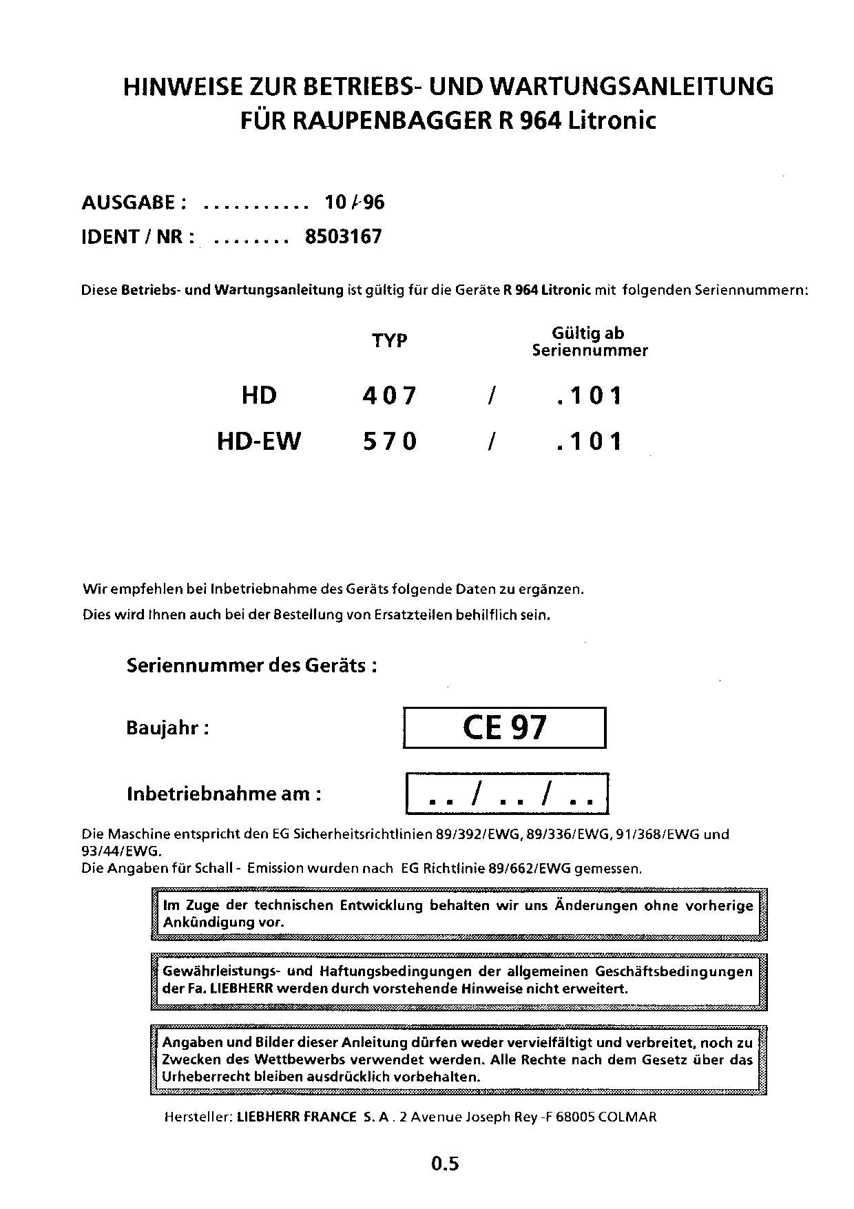 Liebherr R964 Litronic Hydraulikbagger Manuel d'instructions Manuel d'entretien