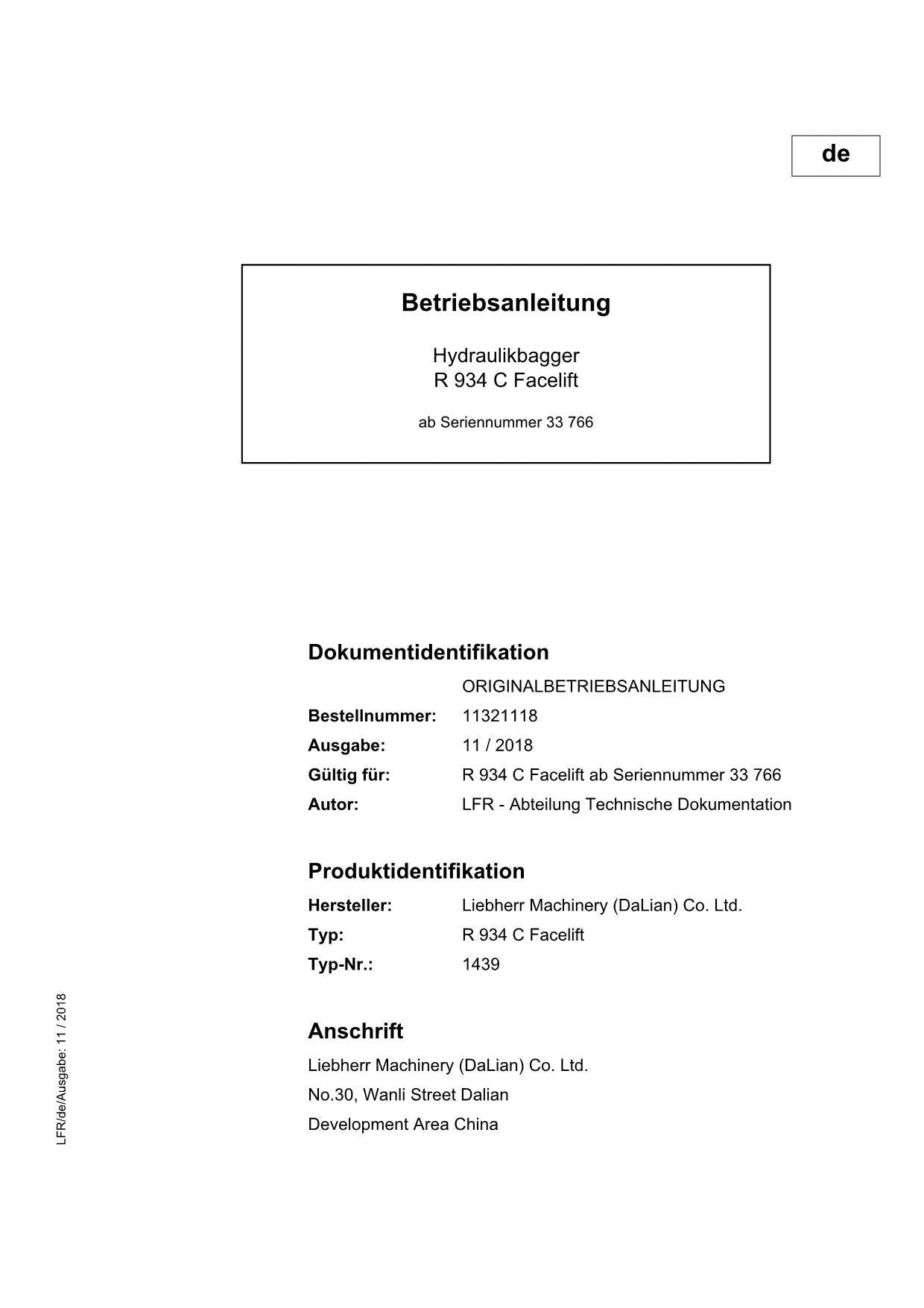 Liebherr R934 C Facelift Hydraulikbagger Betriebsanleitung