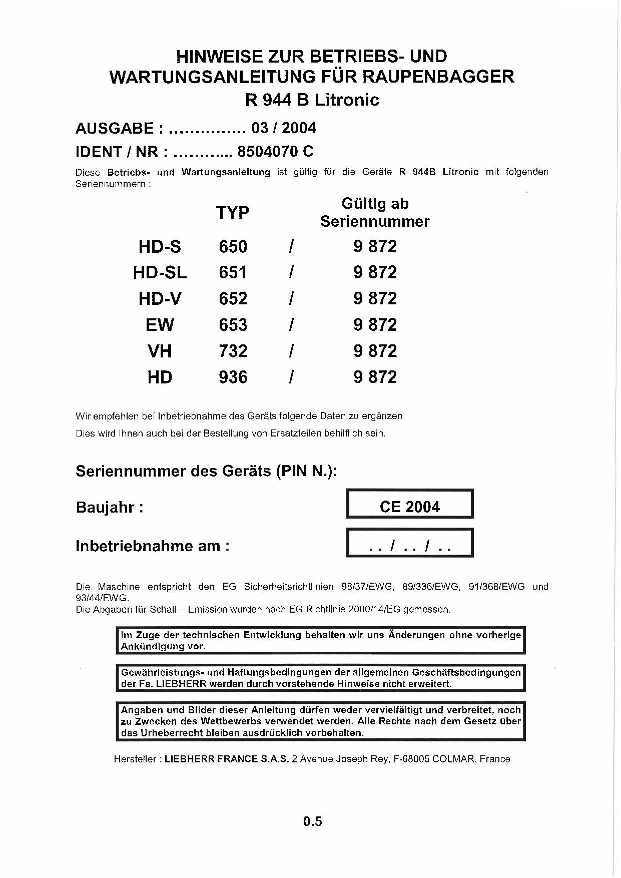 Liebherr R944 B Litronic Hydraulikbagger Manuel d'instructions