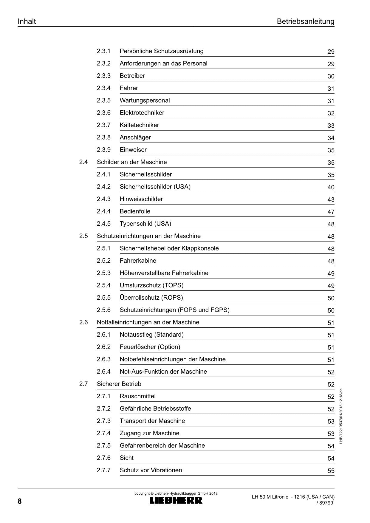 Liebherr LH50 M Litronic Materialumschlaggerät Betriebsanleitung typ 2016 États-Unis
