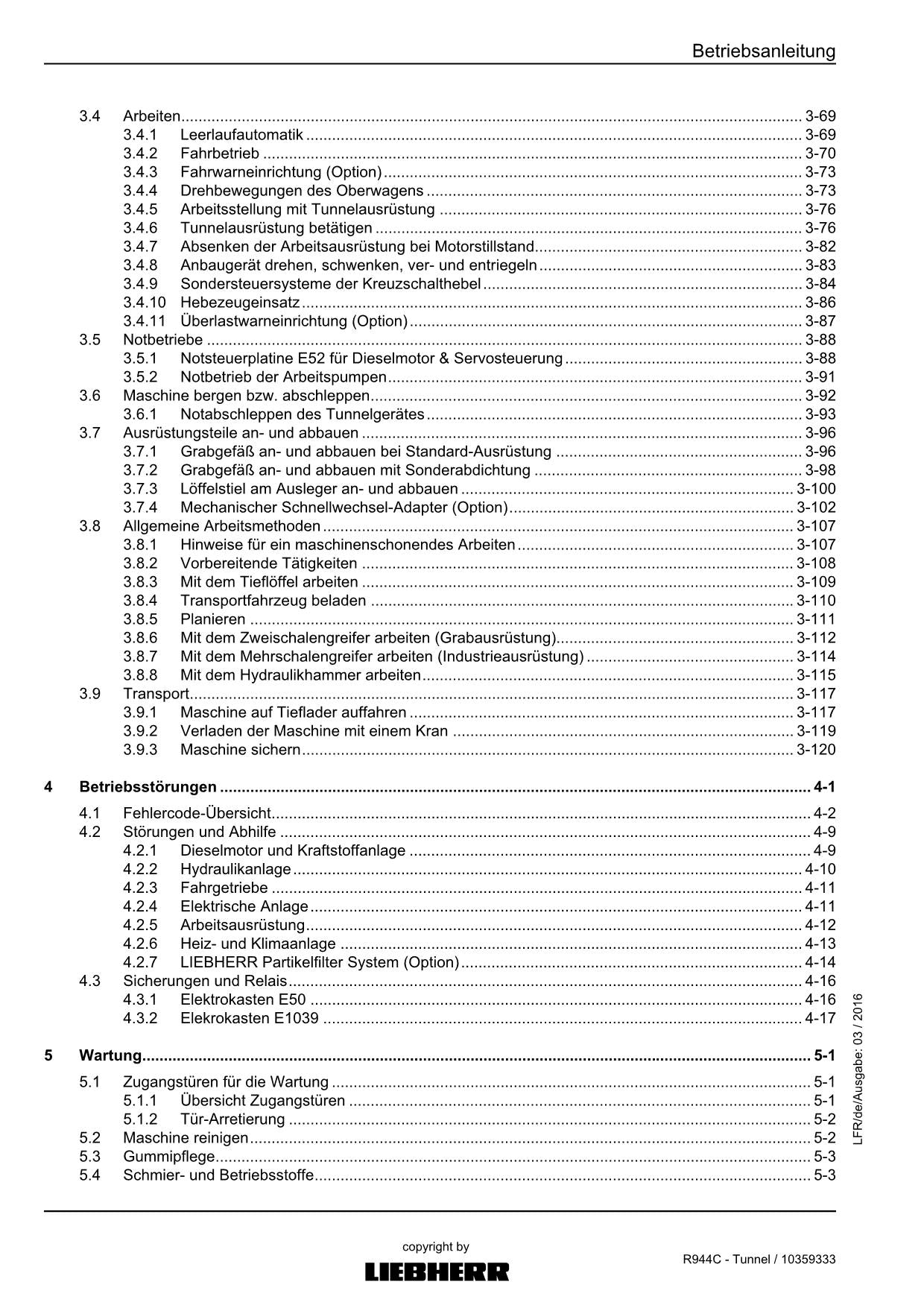 Liebherr R944 C Tunnel Hydraulikbagger Betriebsanleitung 2016