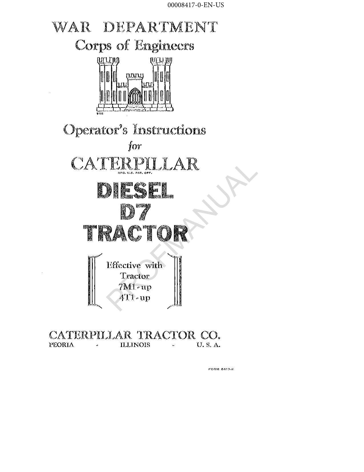 Caterpillar Diesel D7 Tractor Operators Maintenance Manual serial 4T1-Up 7M1-Up