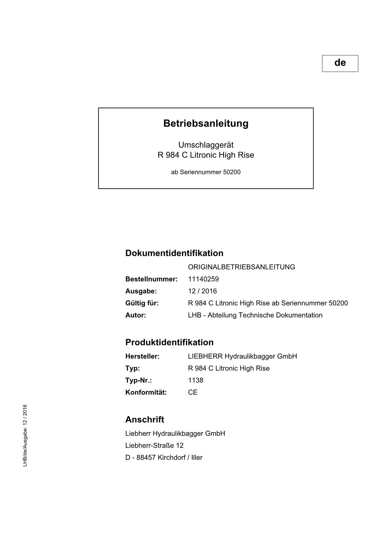 Liebherr R984 C Litronic High Rise Umschlaggerät Betriebsanleitung