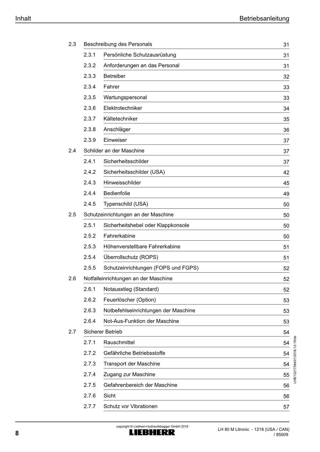 Liebherr LH80 M Litronic Materialumschlaggerät Betriebsanleitung type 1218 USA