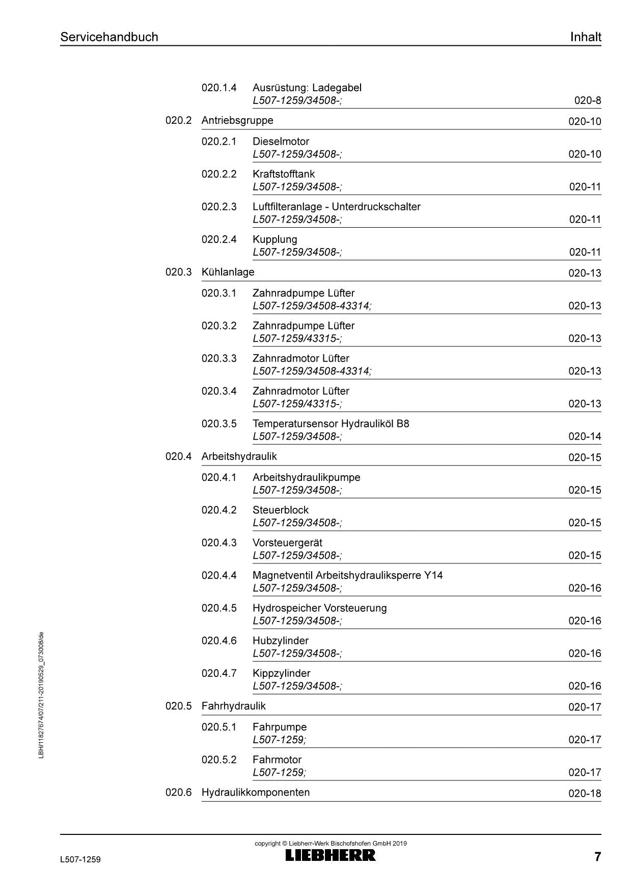 Liebherr L507 1259 Radlader Reparaturhandbuch Werkstatthandbuch