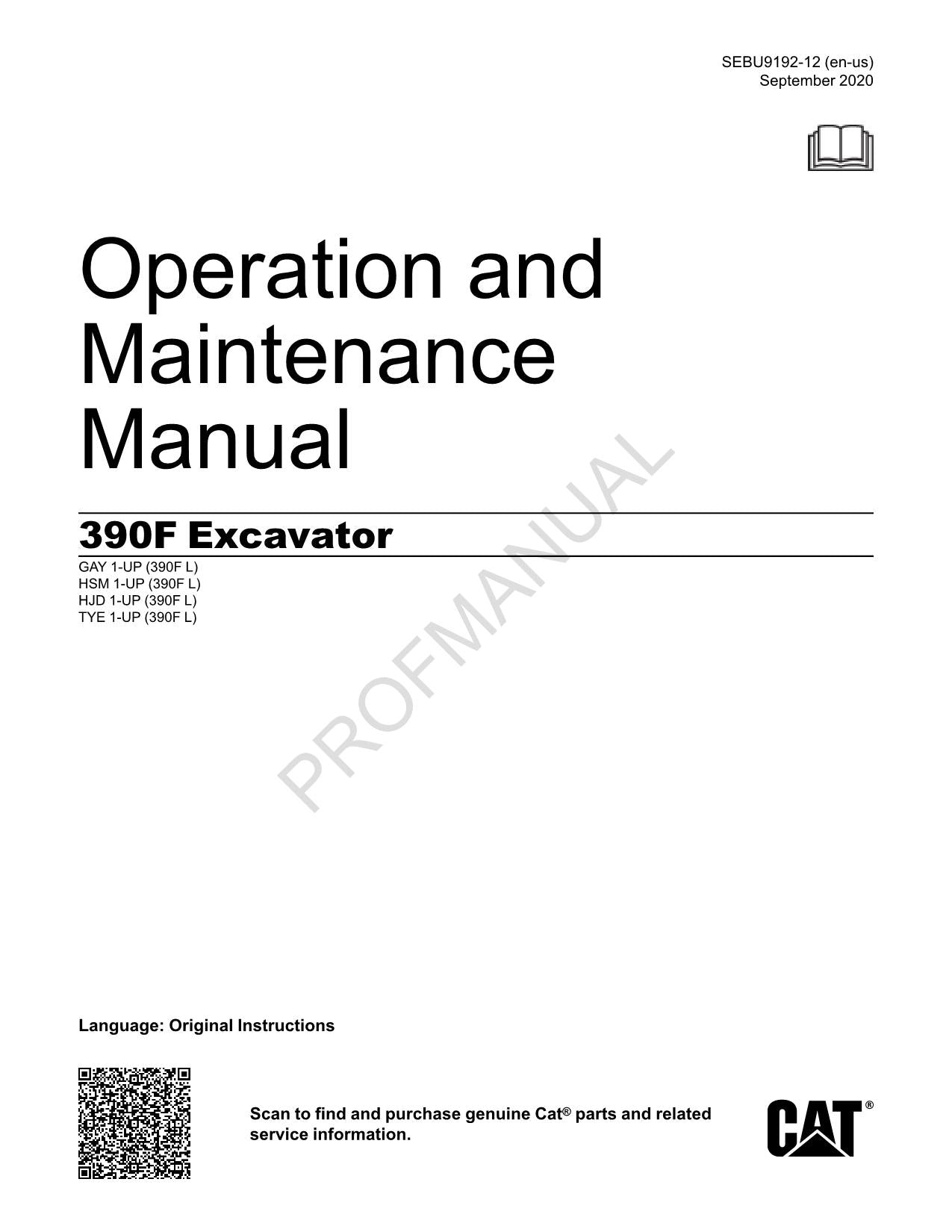 Caterpillar 390F Excavator Operators Manual TYE1-Up GAY1-Up HSM1-Up HJD1-Up