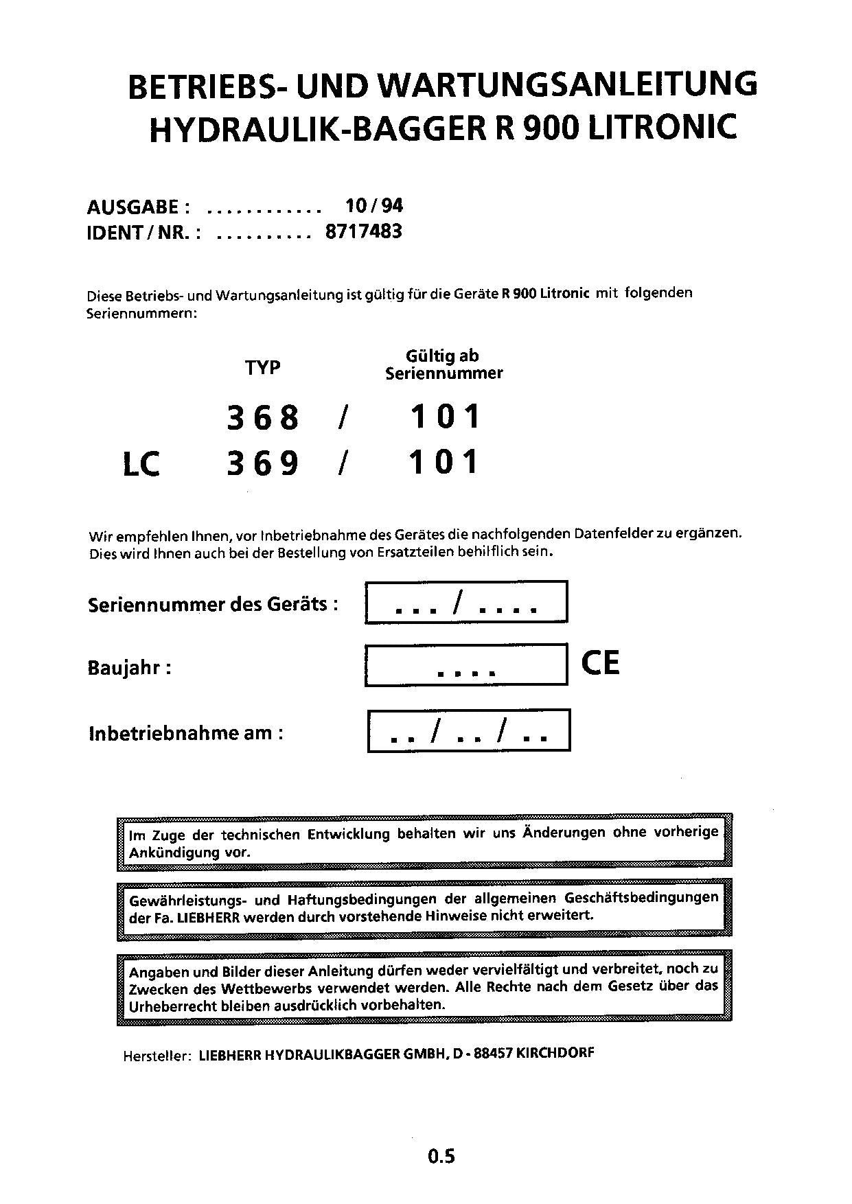 Liebherr R900 Litronic Hydraulikbagger Betriebsanleitung ser 368/101 LC 369/101