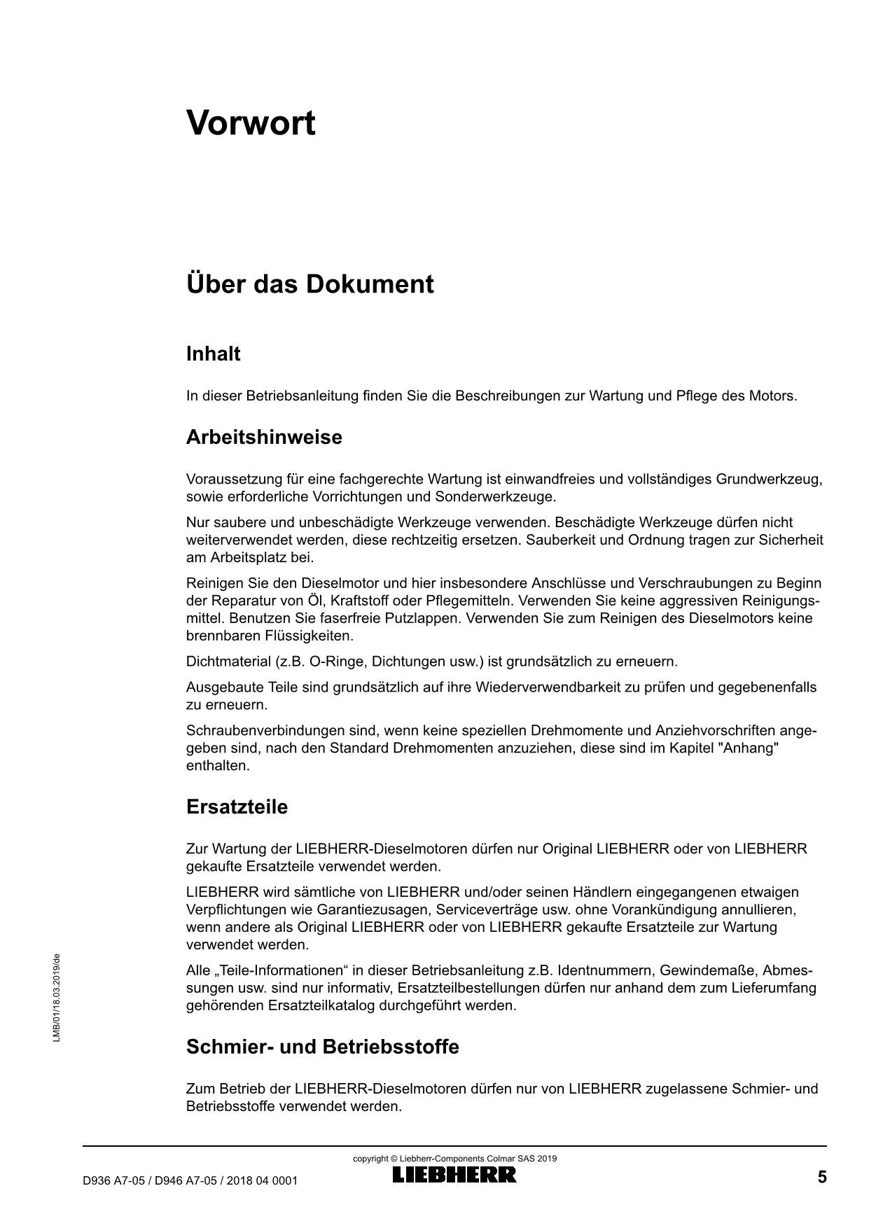 Liebherr D936 A7-05 D946 A7-05 Moteur diesel Manuel d'instructions