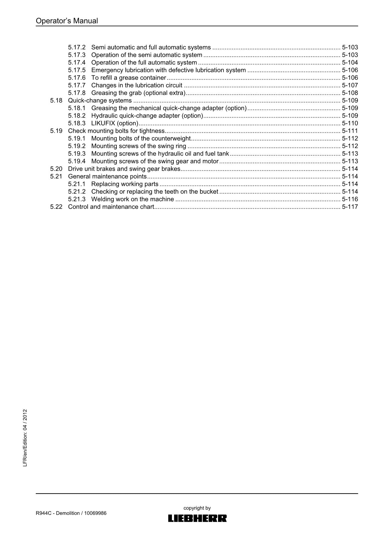 Liebherr R944 C Demolition Excavator Operators manual serial 31212