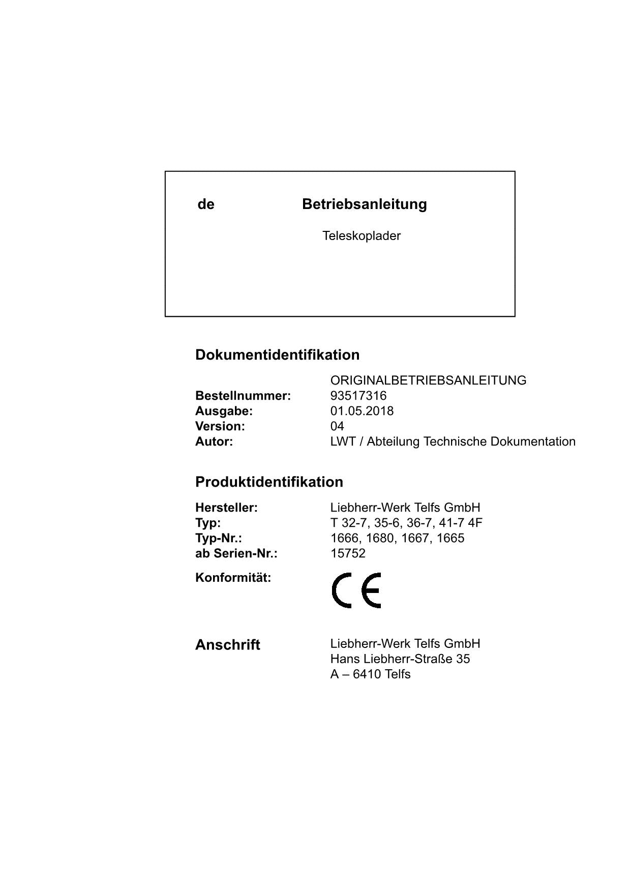 Liebherr T32-7 35-6 36-7 41-7 4F Teleskoplader Betriebsanleitung