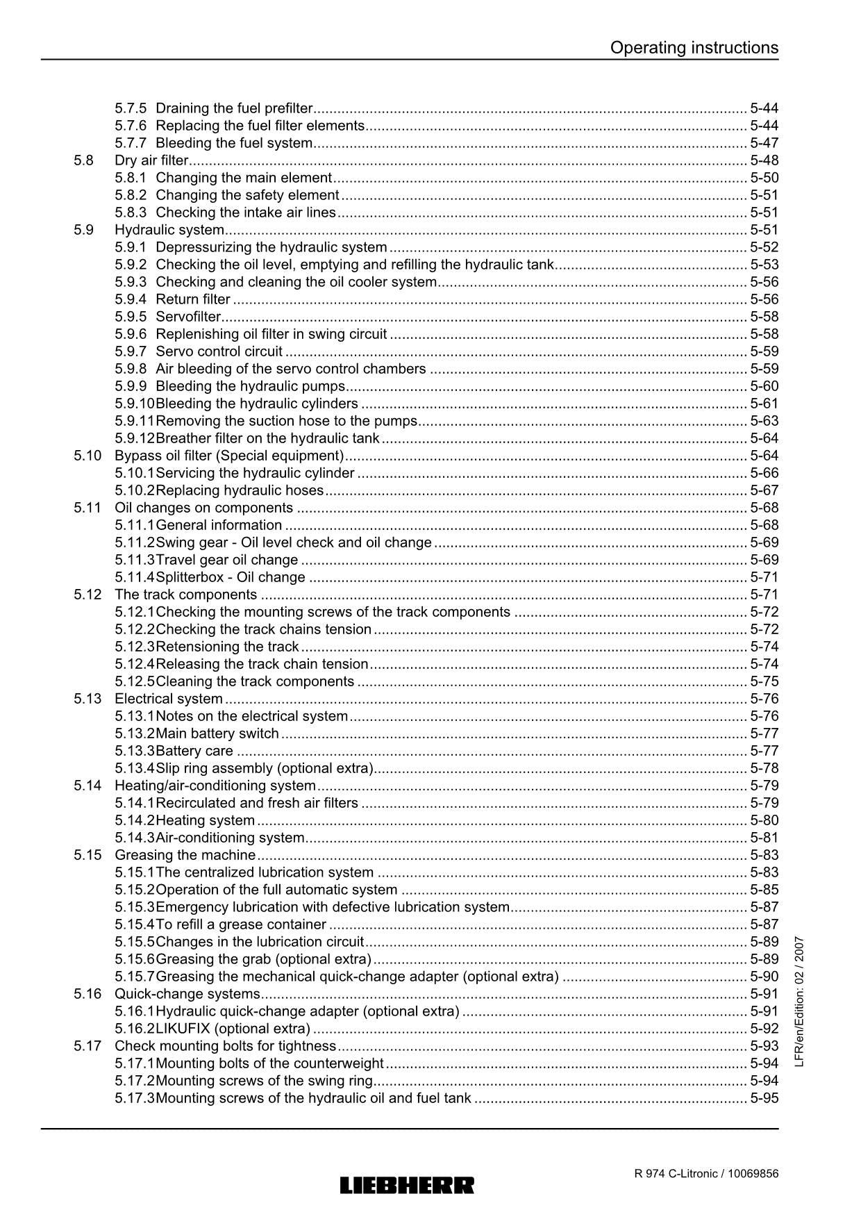 Liebherr R974 C-Litronic Excavator Operators manual serial 15259