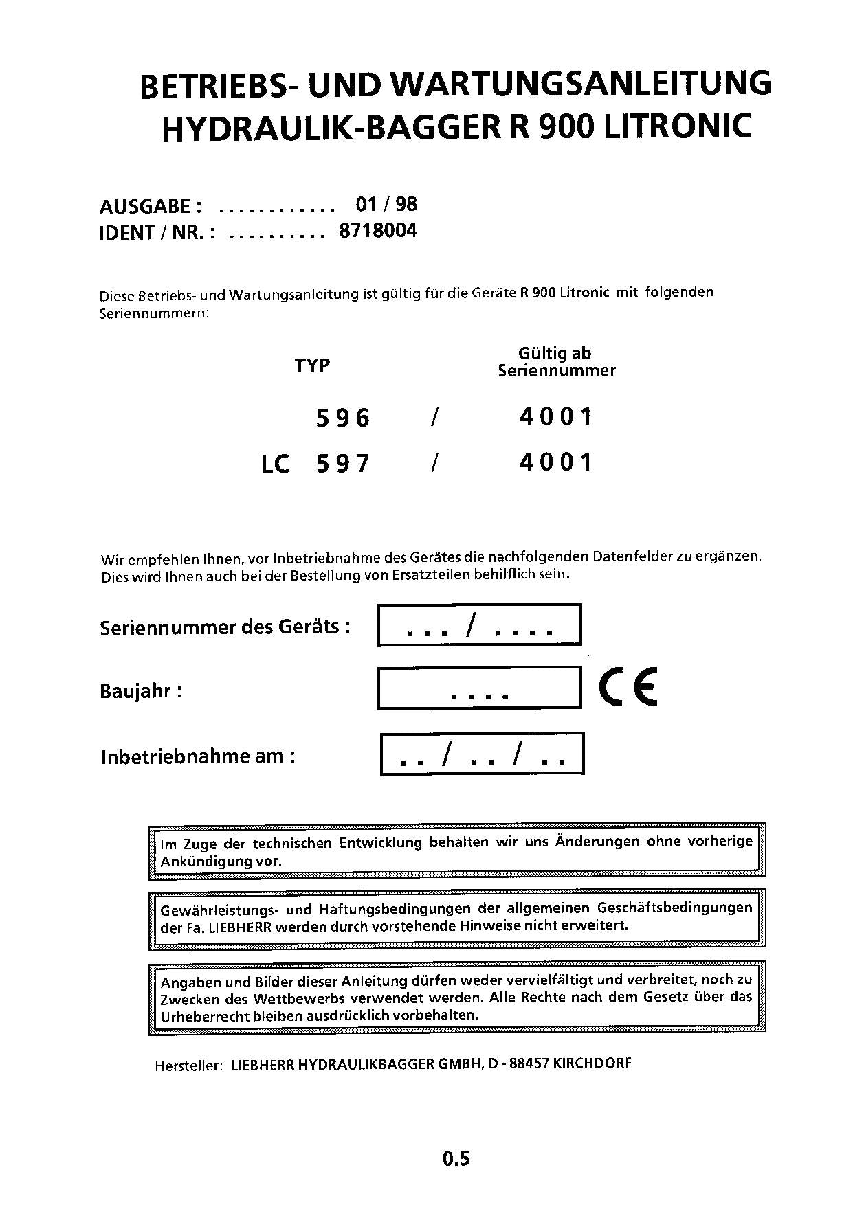 Liebherr R900 Litronic Hydraulikbagger Betriebsanleitung 596/4001 LC 597/4001