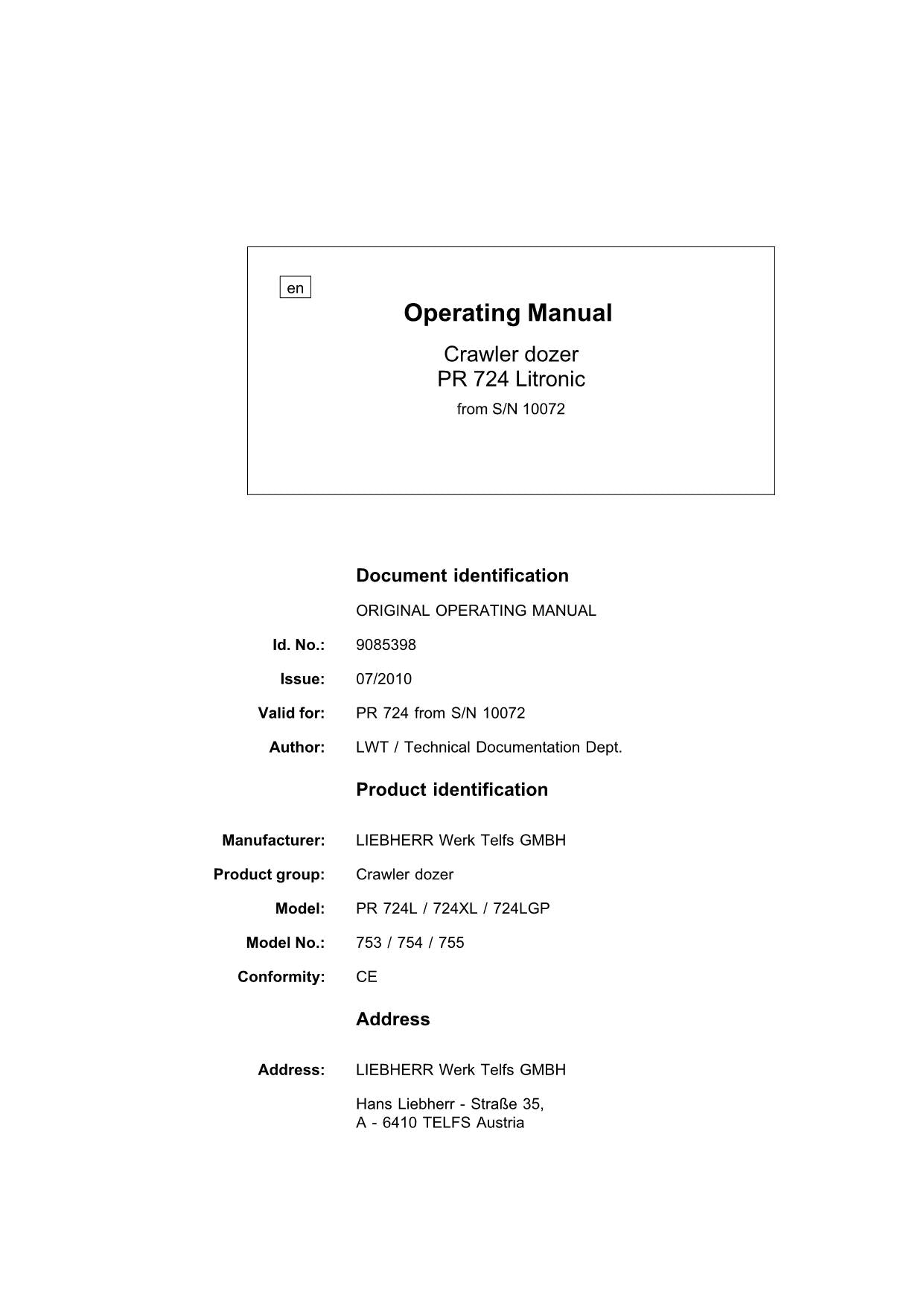 Liebherr PR724 Litronic Dozer Operators manual 9085398 serial 10072