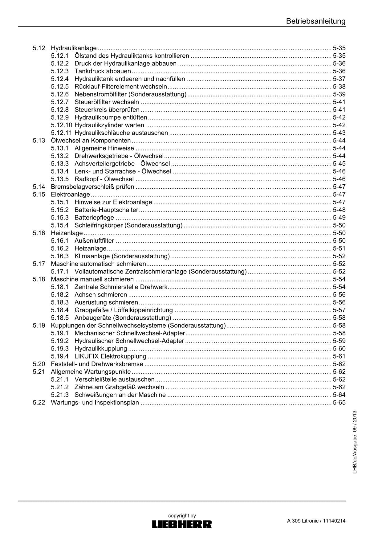 Liebherr A309 Litronic Hydraulikbagger Betriebsanleitung série 57249