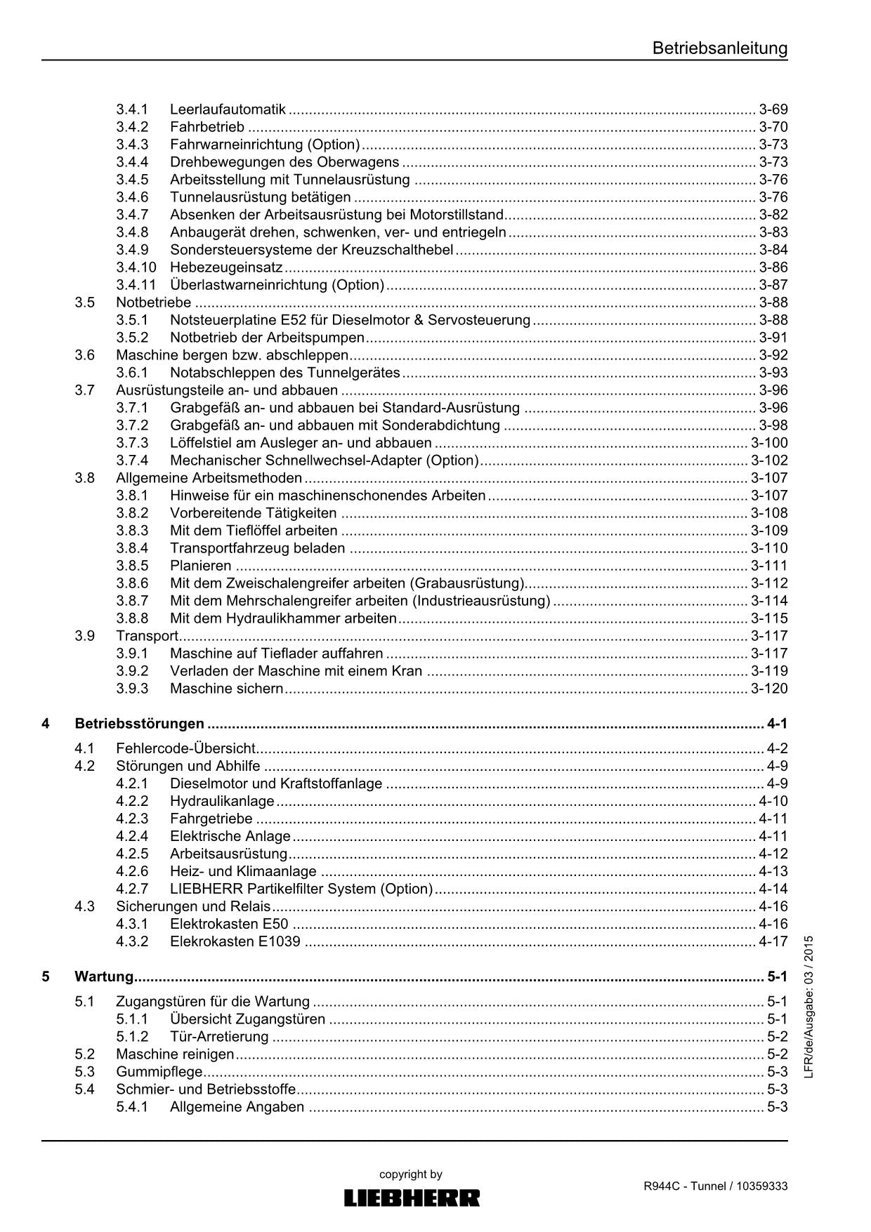 Liebherr R944 C Tunnel Hydraulikbagger Betriebsanleitung 2015