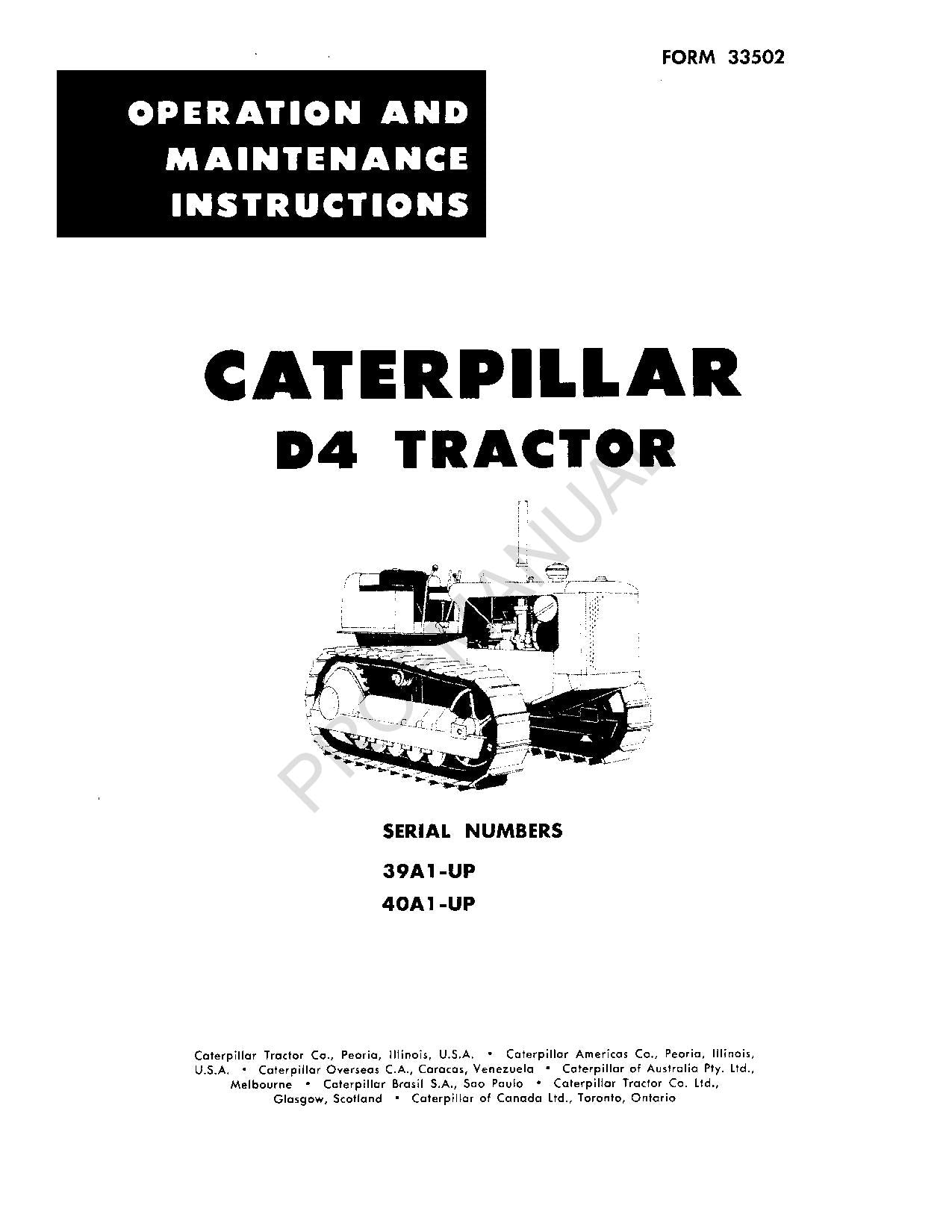 Caterpillar D4 Tractor Operators Maintenance Manual 40A1-Up 39A1-Up