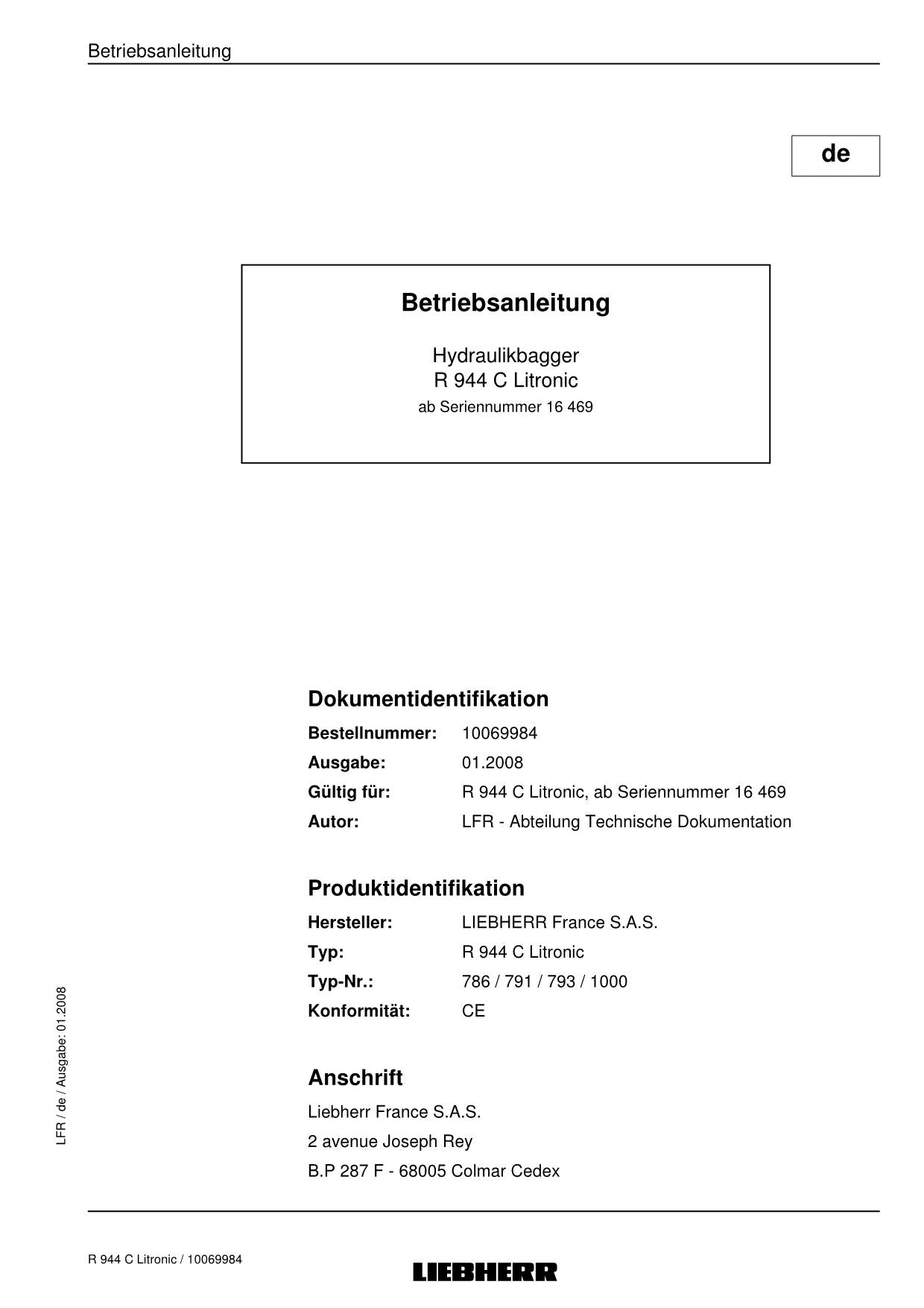 Liebherr R944 C Litronic Hydraulikbagger Manuel d'instructions